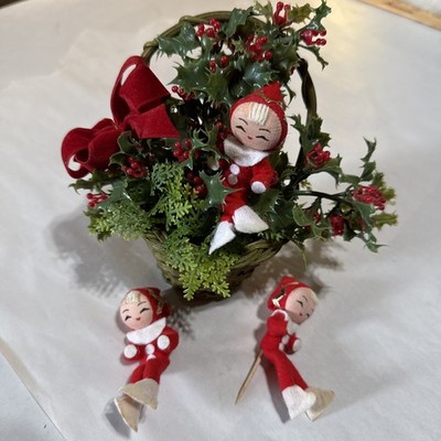 Vintage Elf Pixie Basket Arrangement Plastic Holly Berry Tabletop + Extra Elves