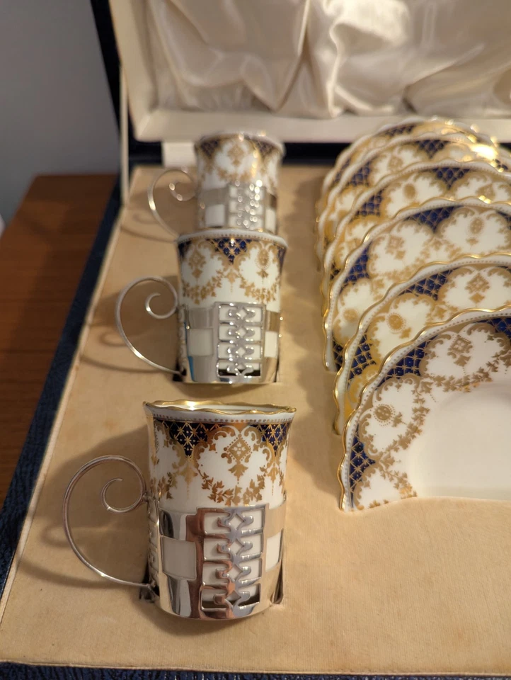 Sterling Silver Walker & Hall For Aynsley Coffee Can Set Of 6 Boxed Rare Set - Image 2 of 4