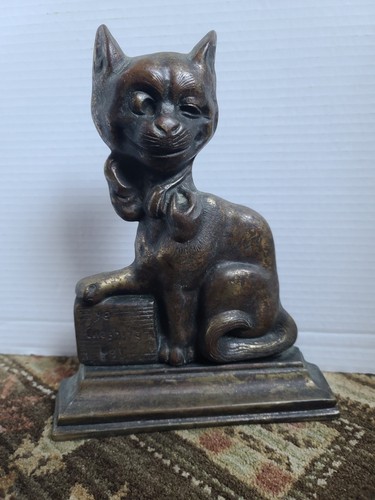 Antique VTG Brass Ye Cheshire Cat Doorstop Bookend Alice In Wonderland England
