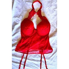 Adore Me Red Lace Halter Bustier Garter Corset Top 36DDD Underwire Mesh Lingerie