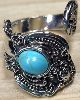 Blue Stone Silvertone Costume Spoon Ring Starting Size 6.5 NEW
