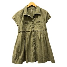 Free People Dress Womens S Ronnie Poplin Mini Olive Green Boho Button Up