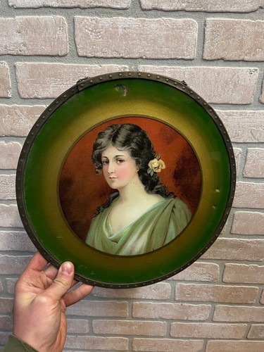Antique Tin Chimney Flue Cover Art Reverse Painted Glass Girl 11.75" Victorian