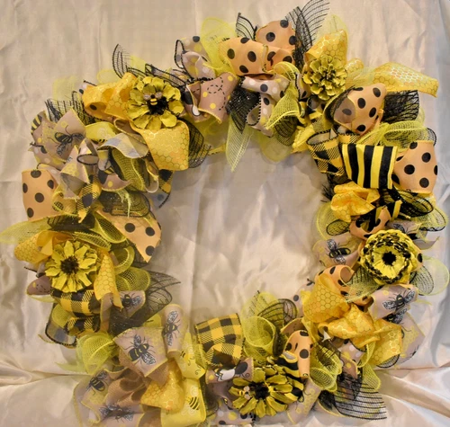 Honey Bee  Wreath Ribbon Wreath W/ Pincones For Front Door or Inside Handmade