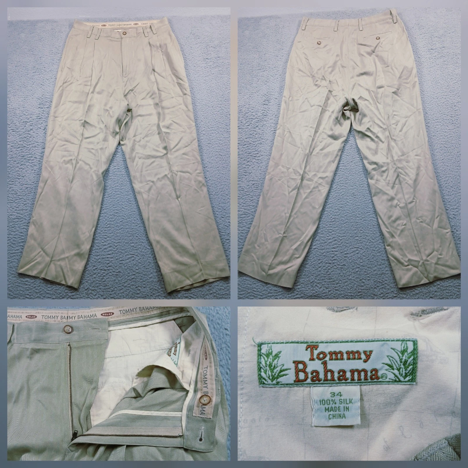 Tommy Bahama Relax Men's 34 Pleated Pants 100% Silk Sage Green Resort EUC