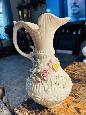 BELLEEK pitcher 1965-1980 6TH GREEN MARK ABERDEEN  FLOWER  EWER HANDLE 8 3/4 