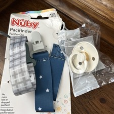 NEW Nuby Pacifier Clips Blue Gray Boy 2 Pack Infant Soother Size 1 Bibs Paci