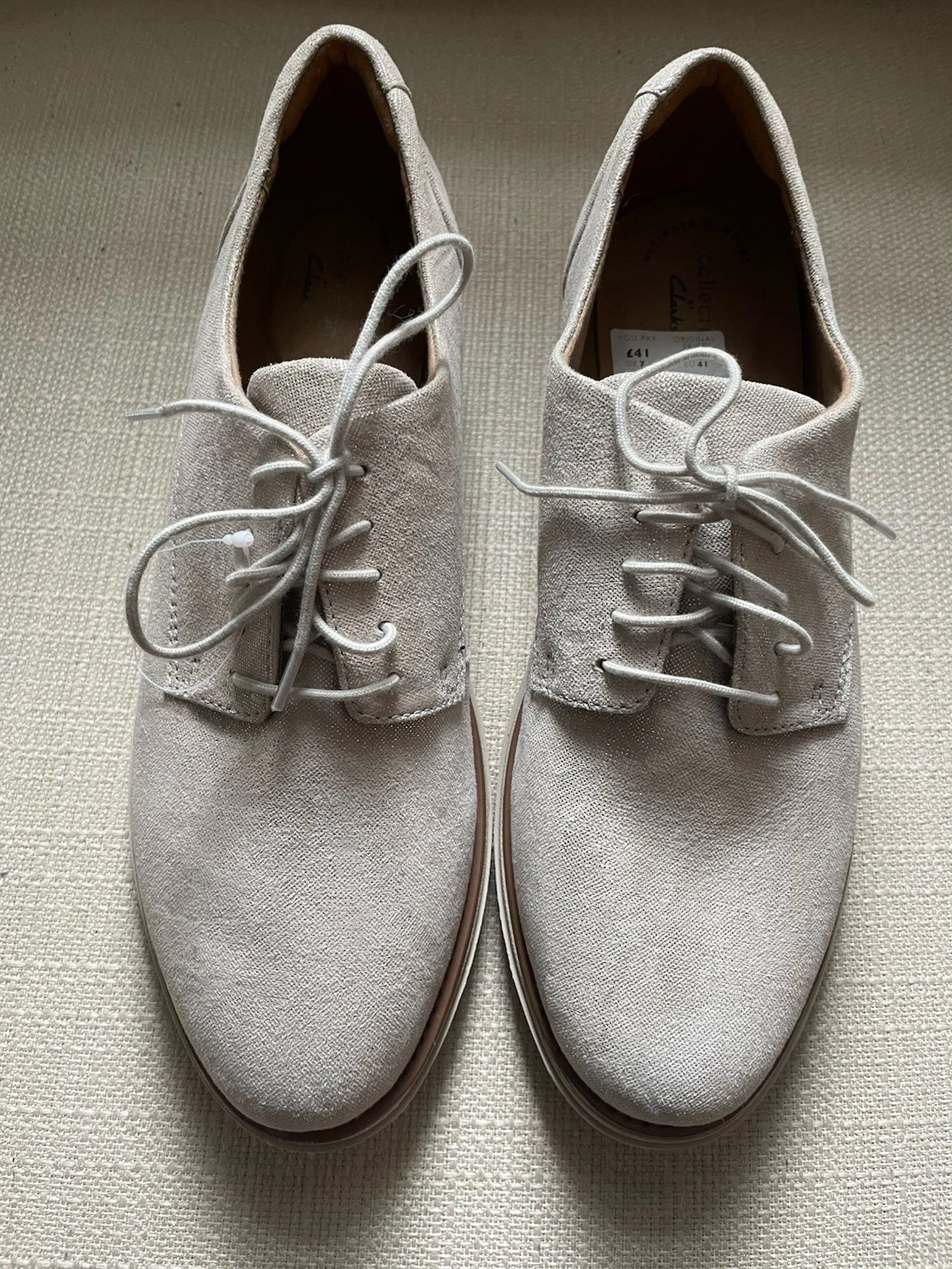 Scarpe basse casual Clarks Sharon Noel donna UK 7 D argento metallizzato stringate