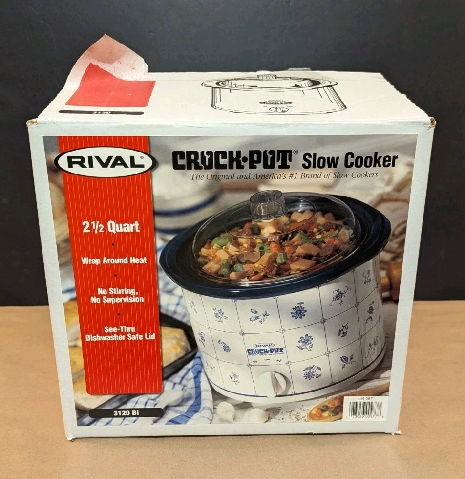 Vtg Rival Crock Pot 3120 Blue Floral Pattern 2.5 Qt Stoneware Slow Cooker NOB