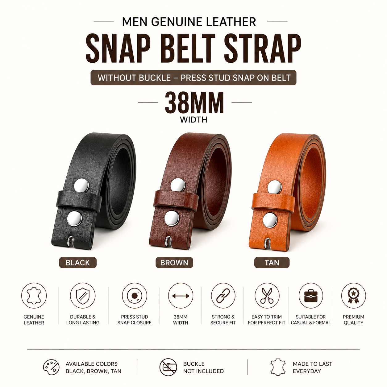 Correa de cinturón a presión de cuero genuino para hombre sin hebilla con tachuelas a presión 38 mm