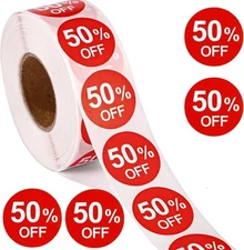 1000pcs 50% Discount Stickers, 1 Inch Round Self Adhesive 50 Percent M, Red 
