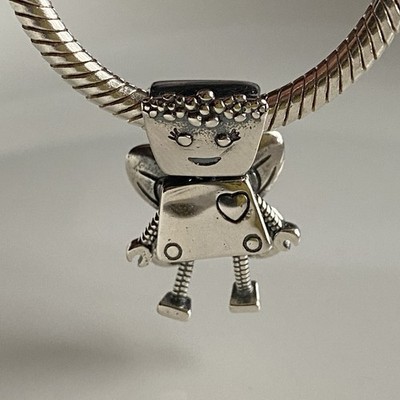 Pandora Sterling Silber Roboter Mädchen Engel Charm ALE S925 - Flügel & florale Details
