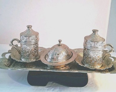 Turkish Silver Toned Coffee Set for 2;Authentic Set,Grand Bazaar Instanbul;7 Pc