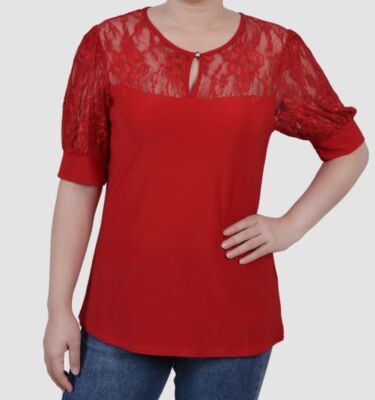 NY Collection Womens Red Keyhole Lace Trim Blouse Top Petite PL
