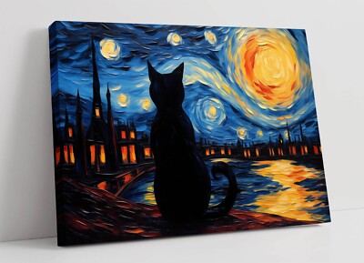 VAN GOGH STERNENKLARE NACHT MIT SCHWARZER KATZE - TIEF GERAHMTER LEINWANDBILD-WANDKUNSTDRUCK