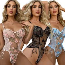 Women's Snap Crotch Lingerie Lace Bodysuit Embroidery Naugthy Teddies Sleepwear