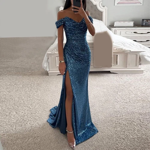 Neue Party Pailletten trägerlose Schlitz Fischschwanz Kleid sexy Ballkleider - Bild 6 von 16