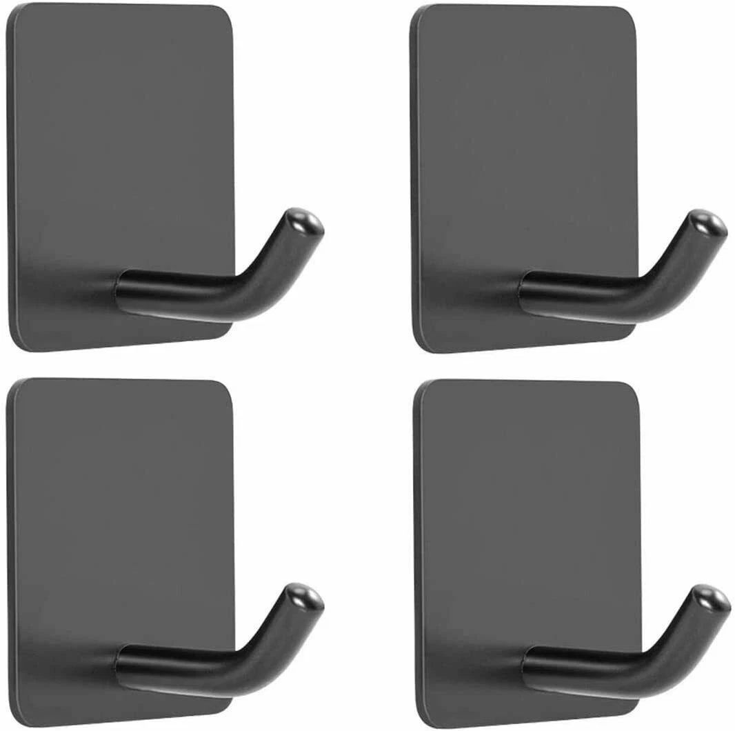 4 Pack Self Adhesive Hooks 3M Adhesive Wall Hanger Waterproof Heavy Duty,  Black