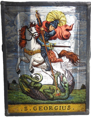 Bleiverglasung Fensterbild S. Georgius heiliger Georg Maße 18 x 14 cm