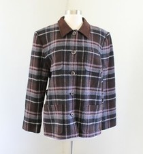 Vtg Pendleton Brown Blue Pink Plaid 100 Wool Blazer Jacket Size 10 Faux Suede