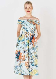Closet Freemans Pale Blue Off The Shoulder Floral Bird Print