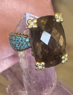 BARBARA BIXBY GEMSTONE RING SIZE APATITE SMOKY QUARTZ 925 18k Flowers 