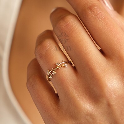 14K Gold Leaf Branch Ring, Gold Leaf Twig Ring, Gold Vine Ring, Layering Ring