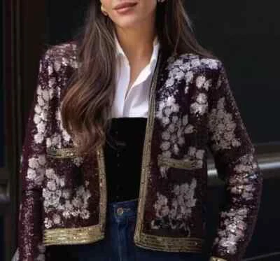 ZARA Rare Limited Edition Sequin Knitted Blazer Jacket Maroon Floral S 0431/101 - Image 1 of 4