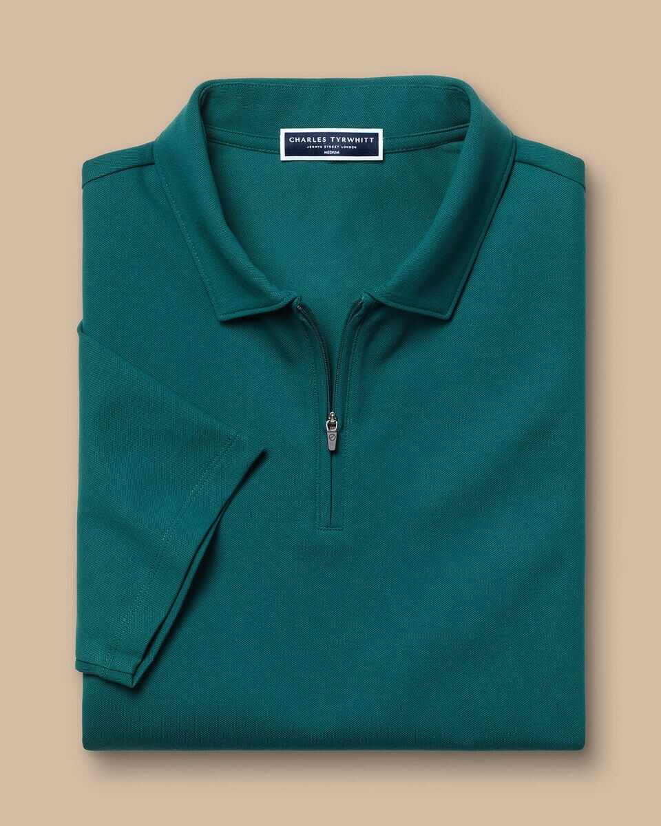 CHARLES TYRWHITT PERFORMANCE ZIP-NECK POLO, TEAL GREEN, SIZE L, NEW