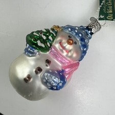 Old World Christmas OWC Glass Ornament - Snowman Blue Cap Holding Tree