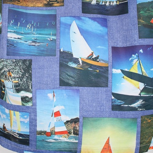 Hobie Catamaran Sailing Hawaiian Aloha Shirt Blue Medium All Over Pictures Vtg - Picture 7 of 8