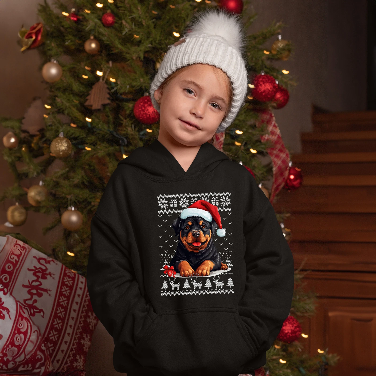 VETEMENTS Felpa con cappuccio bambini Natale Rottweiler cane fiocco di neve regali alberi renne