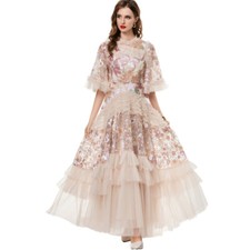 Floral Embroidery Sequin Womens Flare Sleeve Ruffle Mesh A Line Long Dress Party