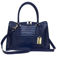 Aura Italian Made Genuine Navy Blue Patent Croc Embossed Leather Tote Handbag