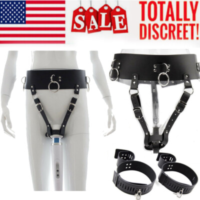 Female Chastity Panties Wand Holder Harness Hand cuffs thigh PU Leather Bondage