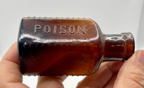 Antique Triangle POISON Medicine Bottle Unique One Side Embossed Amber 2 5/8"
