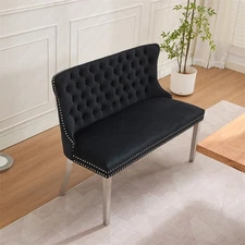 2-Seat Tufted Bench Velvet Upholstered Dining Seating w/Wing Back & Silver Legs 