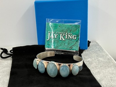 Jay King DTR Aquamarin 5 ovale Schachbrett Aqua Steine Sterling Manschette Armband