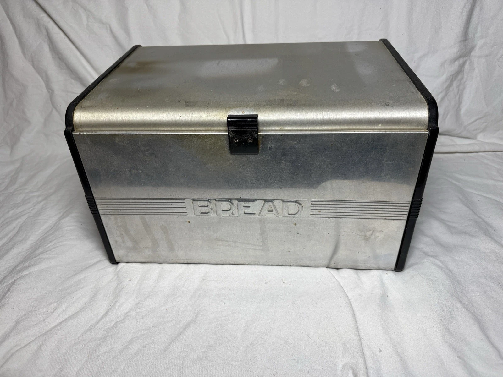 1950s USA MCM Aluminum Ware Kitchen Black Sides Kromex Bread Box Cabinet Shelf