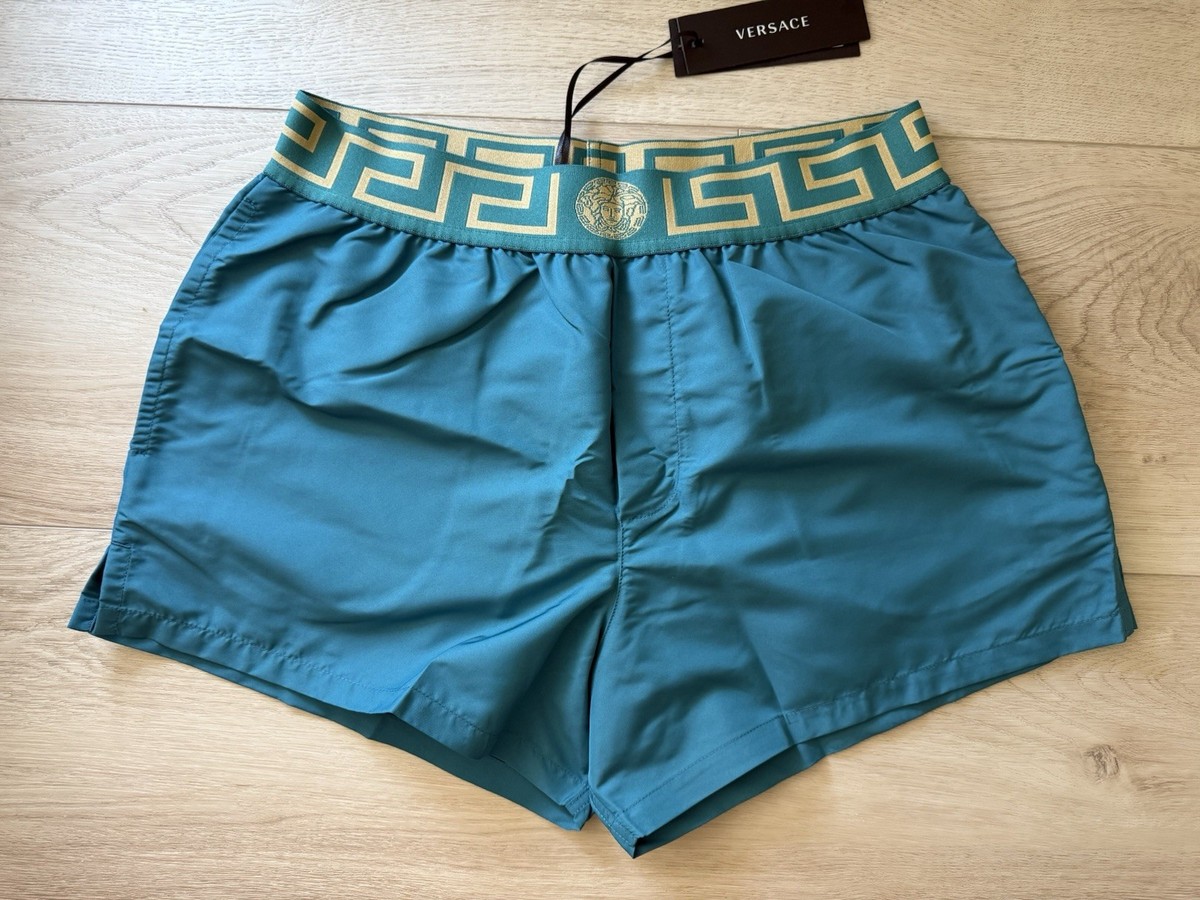 NWT Versace Mens Greca Border Swim Trunks Shorts Teal Blue Green