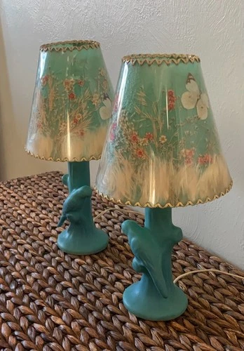 Vintage Van Briggle Antique Table Lamp Teal Blue Pottery Night Light Old Shade