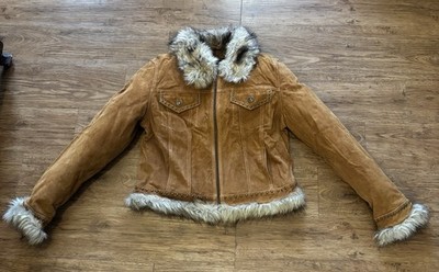 Vtg Giacca Tan Suede Leather Jacket Fur Trim Penny Lane Y2K Boho Studded Sz L