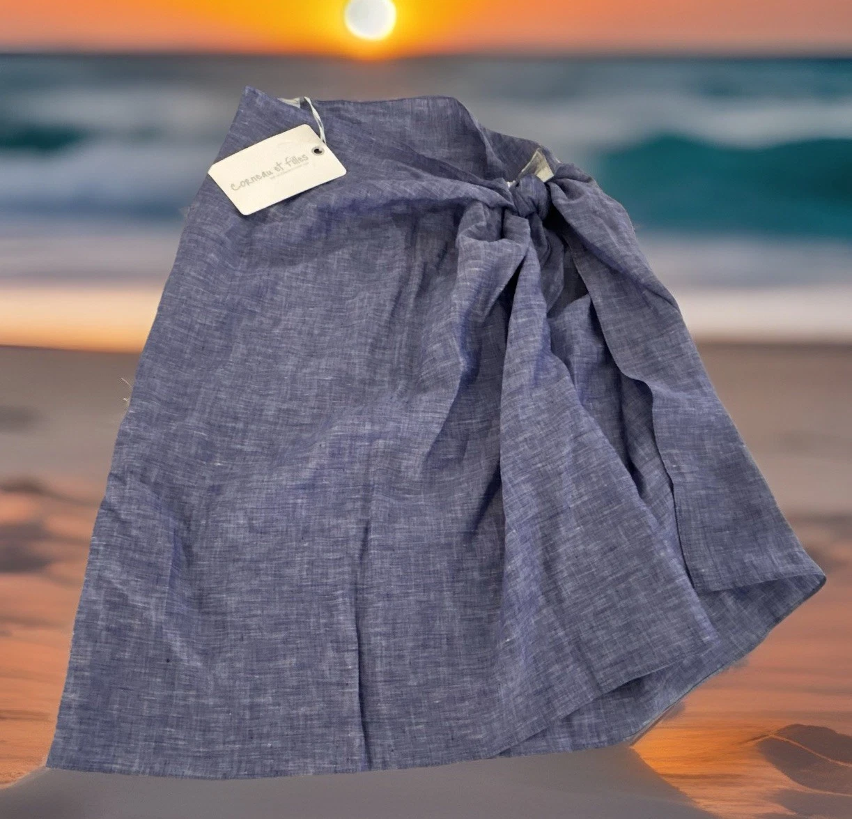 Corneau et Filles Linen Wrap Sarong Skirt Blue O/S Made in USA Beach Cover Up