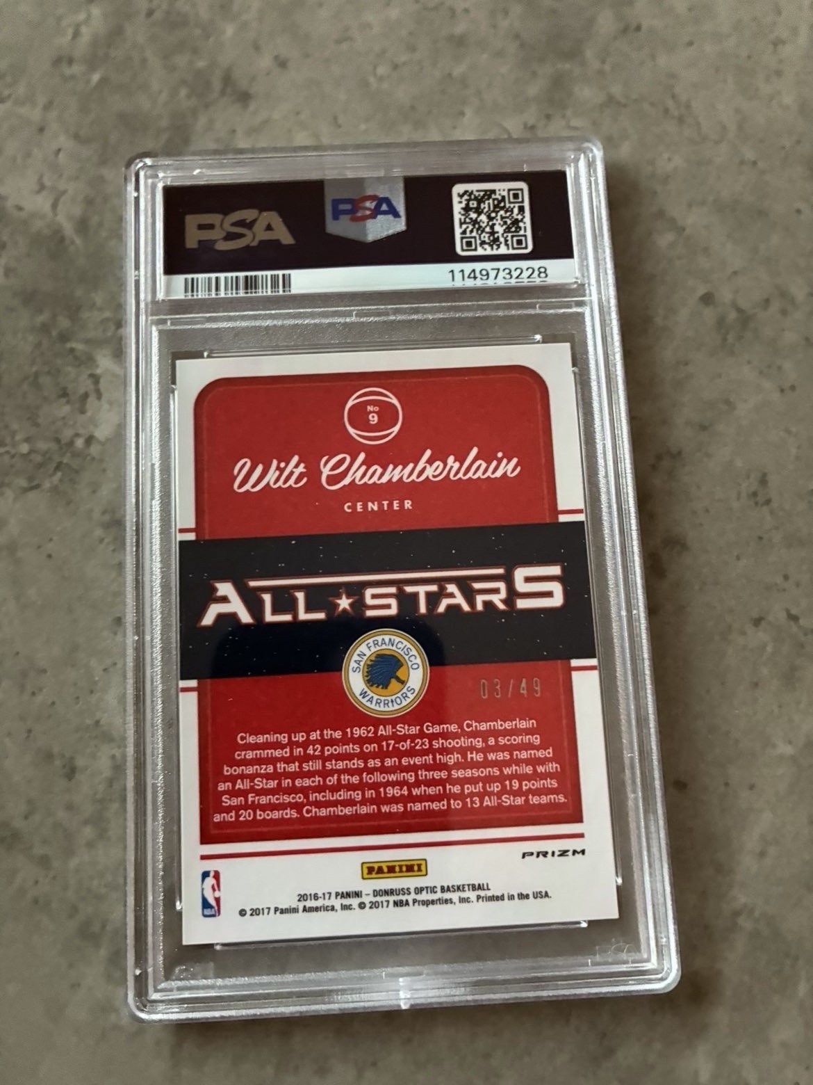 Wilt Chamberlain /49 2016-17 Panini Donruss Optic - All-Stars Blue Prizm PSA 10 view 2