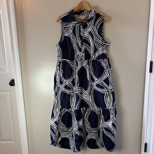 Tahari Maxi Dress Navy White Geometric Sleeveless Tiered Sz XL