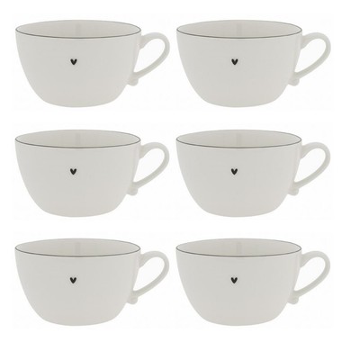 6er Set Suppentassen HEART weiß mit schwarzem Herz D. 15cm Bastion Collections
