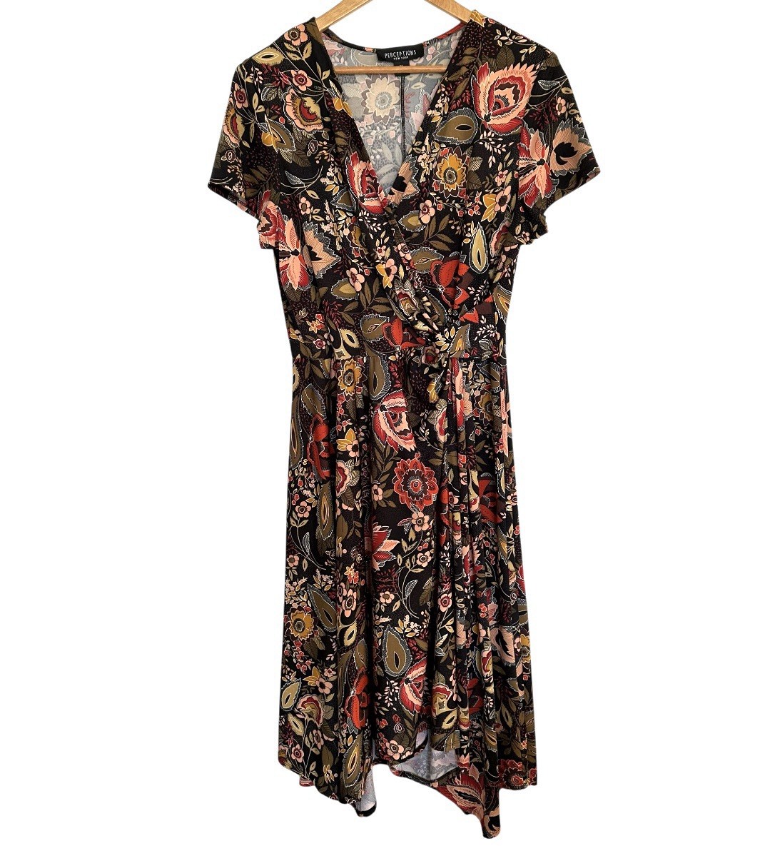 Perceptions Dress Women’s XL Black Floral Boho Short Sleeve V Neck Pullover