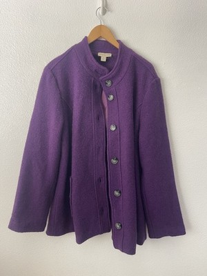 Appleseed's 100% Wool Jacket Purple Button Front Pockets Coat Tweed Long Sz 18 