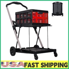 2-Tier Folding Cart Aluminum Frame,Collapsible Shopping Cart with 1 Storage Crat
