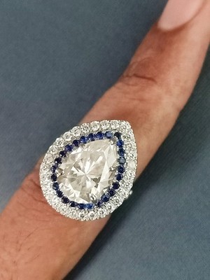 3 kt Birnenschliff Doppel Heiligenschein Ring weiße & blaue Steine 14K Stil...